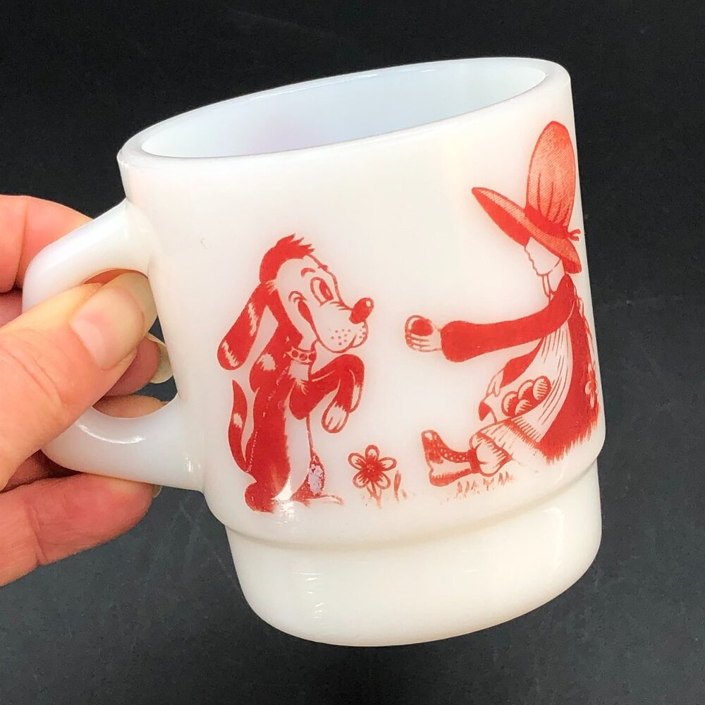 Vintage Red Holly Hobbie and Dog Milk Glass Mug, 70s Pop Culture Doll Character